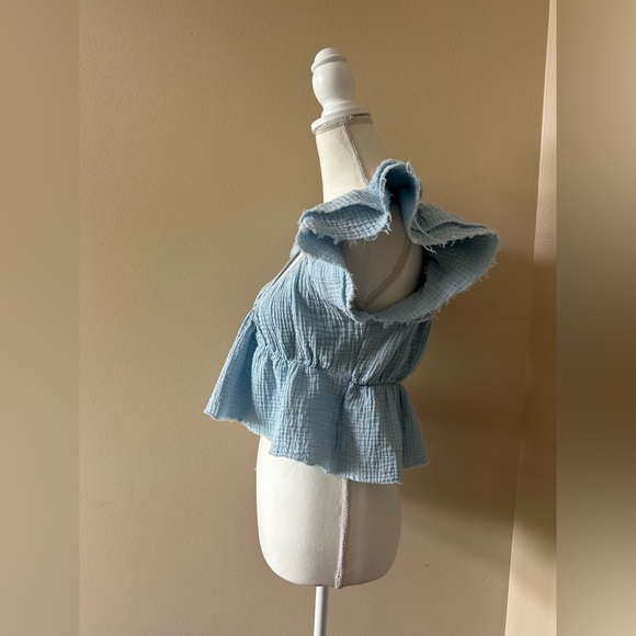 Bucket List Girls Light Blue Ruffle Sleeve Cotton Peplum Top Size Large - Picture 4 of 7